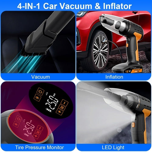 4 In 1 Cordless Car Vacuum Cleaner and Tire Inflator with LED Light